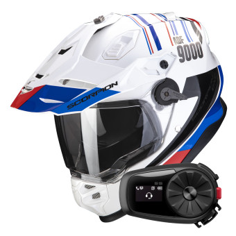 Casque Integral Scorpion ADF 9000 Air Desert White Blue Red + Kit Bluetooth 5S Solo Casque Integral Scorpion ADF 9000 Air Desert White Blue Red + Kit Bluetooth 5S Solo