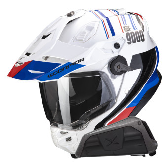 Casque Integral Scorpion ADF 9000 Air Desert White Blue Red + Kit bluetooth Exo-Com Link-1 Casque Integral Scorpion ADF 9000 Air Desert White Blue Red + Kit bluetooth Exo-Com Link-1
