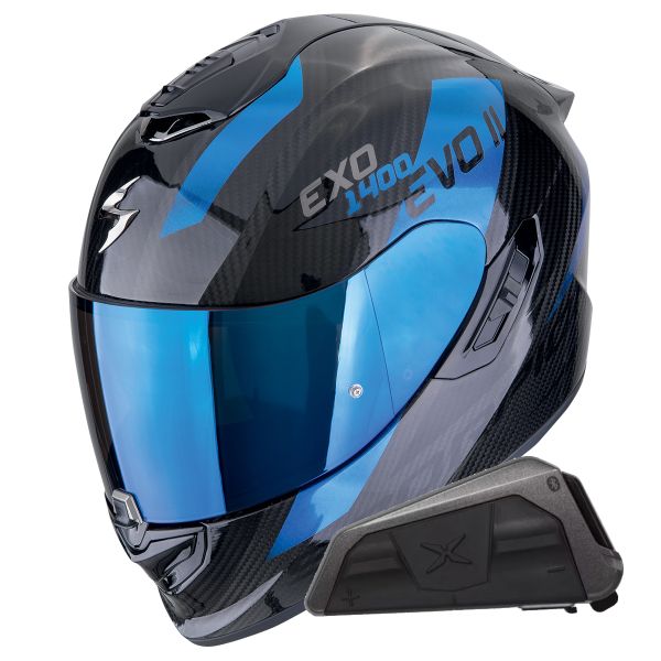 Integral Scorpion Exo 1400 Evo II Carbon Air Platted Blue + Kit bluetooth Exo-Com Link-1