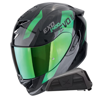 Casque Integral Scorpion Exo 1400 Evo II Carbon Air Platted Green + Kit bluetooth Exo-Com Link-1 Casque Integral Scorpion Exo 1400 Evo II Carbon Air Platted Green + Kit bluetooth Exo-Com Link-1
