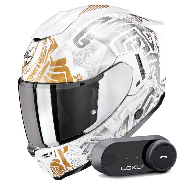 Integral Scorpion Exo 1500 Air Apus Pearl White Grey Gold + Kit Bluetooth Lokui K30