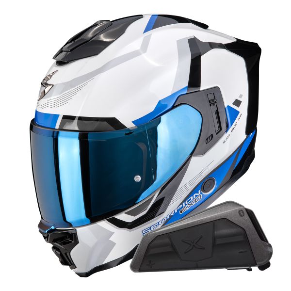 Integral Scorpion Exo 1500 Air Arena White Blue + Kit bluetooth Exo-Com Link-1
