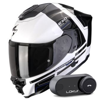 Casque Integral Scorpion Exo 1500 Air Dual White Black Blue + Kit Bluetooth Lokui K30