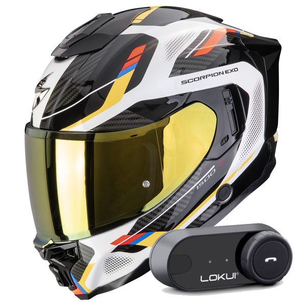 Integral Scorpion Exo 1500 Air Sleek White Blue Yellow + Kit Bluetooth Lokui K30