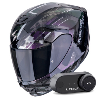 Casque Integral Scorpion Exo 391 Clutter Black Chameleon + Kit Bluetooth Lokui K30 Casque Integral Scorpion Exo 391 Clutter Black Chameleon + Kit Bluetooth Lokui K30
