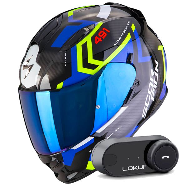 Integral Scorpion Exo 491 Spin Black Blue Yellow Fluo + Kit Bluetooth Lokui K30