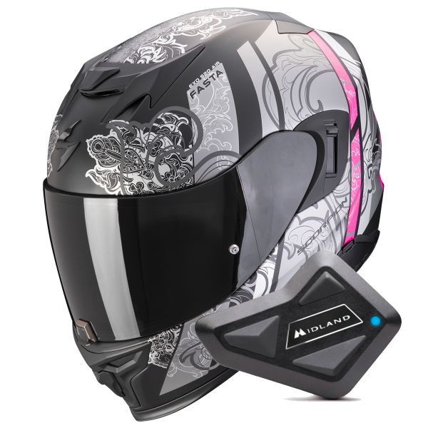 Integral Scorpion Exo 520 Evo Air Fasta Matt Black Silver Pink + Kit Bluetooth BT Mini