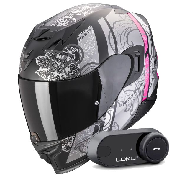 Integral Scorpion Exo 520 Evo Air Fasta Matt Black Silver Pink + Kit Bluetooth Lokui K30