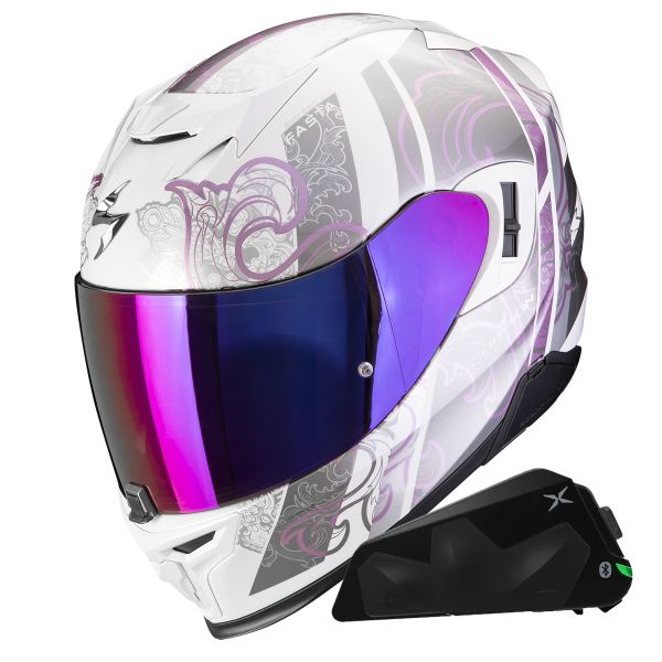 Integral Scorpion Exo 520 Evo Air Fasta White Purple + Kit bluetooth Exo-Com Link-1C