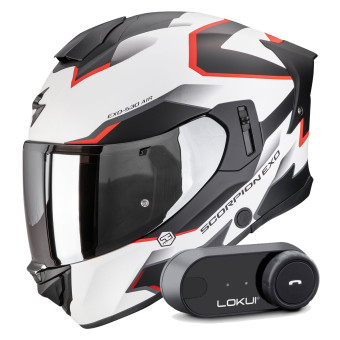 Casque Integral Scorpion Exo 530 Air Clip Matt White Black Red + Kit Bluetooth Lokui K30