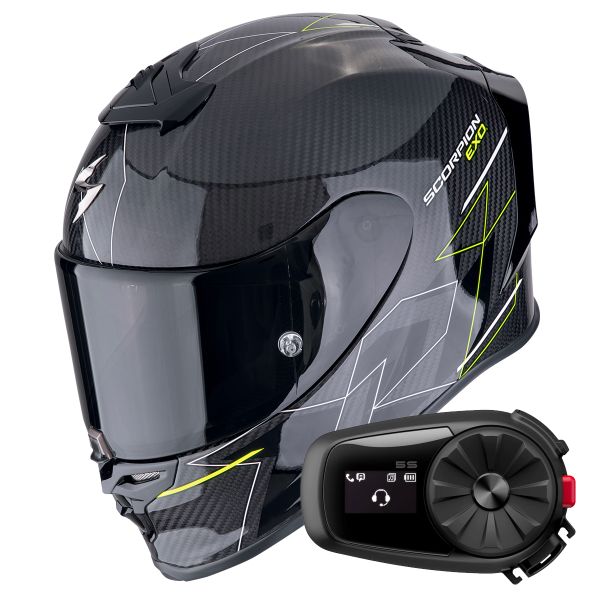 Integral Scorpion Exo R1 Evo Carbon Air Cynergy Black Yellow Fluo + Kit Bluetooth 5S Solo Integral Scorpion Exo R1 Evo Carbon Air Cynergy Black Yellow Fluo + Kit Bluetooth 5S Solo