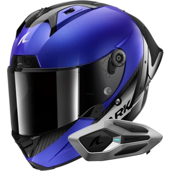 Integral Shark Aeron GP Blank SP Carbon Blue Anthracite + Kit Bluetooth Sena Mesh