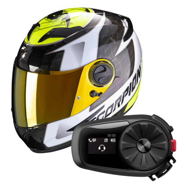 Integral Scorpion Exo 490 Tour White Neon Yellow + Kit Bluetooth Sena 5S Solo