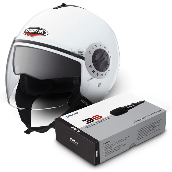 jet Caberg Riviera V2+ Metal White + Sena 3S Bluetooth Kit