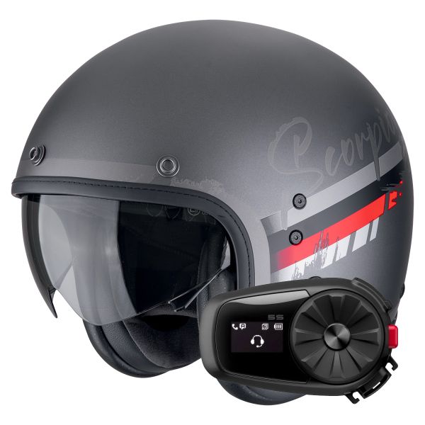jet Scorpion Belfast Evo Adonis Silver Mat Red + Kit Bluetooth 5S Solo