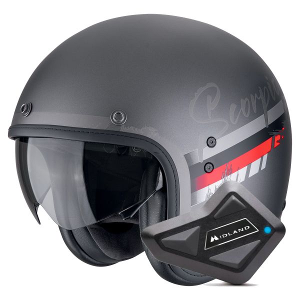 jet Scorpion Belfast Evo Adonis Silver Mat Red + Kit Bluetooth BT Mini