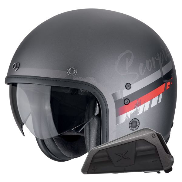 jet Scorpion Belfast Evo Adonis Plata Mate Rojo + Kit Bluetooth Exo-Com Link-1
