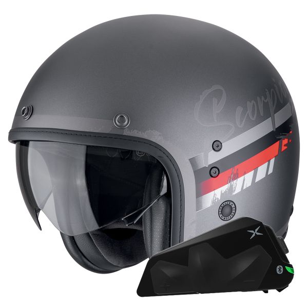 jet Scorpion Belfast Evo Adonis Plata Mate Rojo + Kit Bluetooth Exo-Com Link-1C
