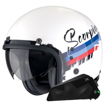 jet Scorpion Belfast Evo Adonis Blanco Rojo Azul + Kit Bluetooth Exo-Com Link-1C