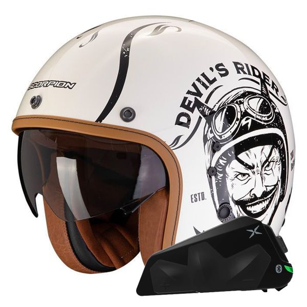 jet Scorpion Belfast Evo Romeo Crema Negro + Kit Bluetooth Exo-Com Link-1C