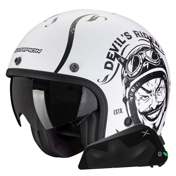 jet Scorpion Belfast Evo Romeo Blanco Mate Negro + Kit Bluetooth Exo-Com Link-1C