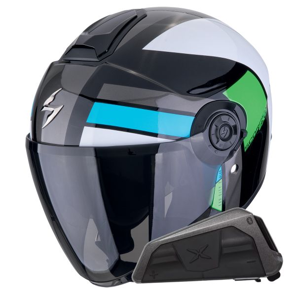 jet Scorpion Exo City II Blur Negro Blanco Verde + Kit Bluetooth Exo-Com Link-1