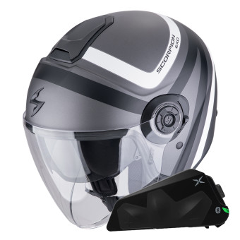 jet Scorpion Exo City II Riva Plata Mate Negro Blanco + Kit Bluetooth Exo-Com Link-1C