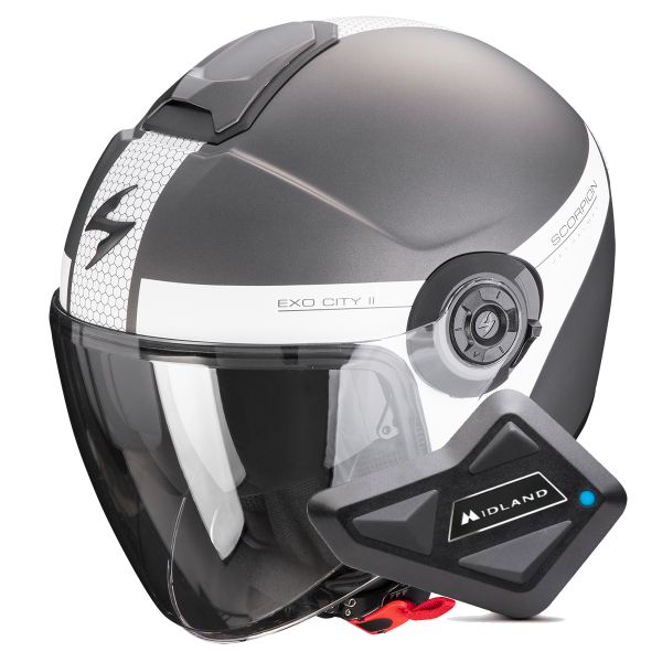 jet Scorpion Exo City II Short Matt Silver White + Kit Bluetooth BT Mini