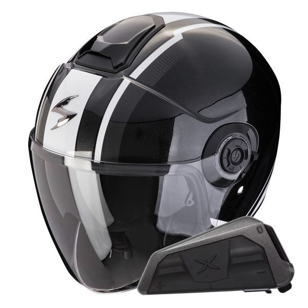 jet Scorpion Exo City II Vel Metal Negro Blanco + Kit Bluetooth Exo-Com Link-1