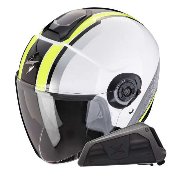 jet Scorpion Exo City II Vel Blanco Amarillo Fluo + Kit Bluetooth Exo-Com Link-1