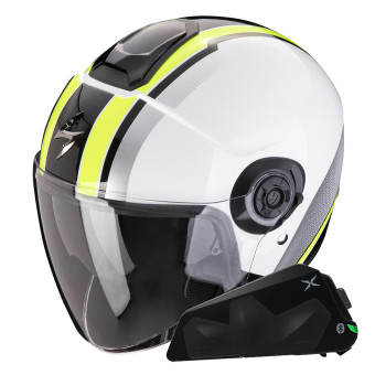 jet Scorpion Exo City II Vel Blanco Amarillo Fluo + Kit Bluetooth Exo-Com Link-1C