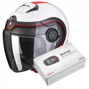 jet Scorpion Exo City Roll Pearl White Red + Kit Bluetooth Sena SMH5 Solo