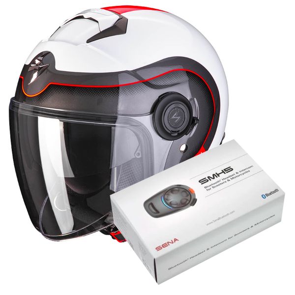 jet Scorpion Exo City Roll Pearl White Red + Kit Bluetooth Sena SMH5 Solo