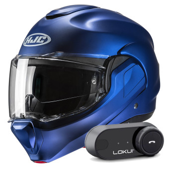 Modular HJC F100 Semi Flat Metallic Blue + Kit Bluetooth Lokui K30
