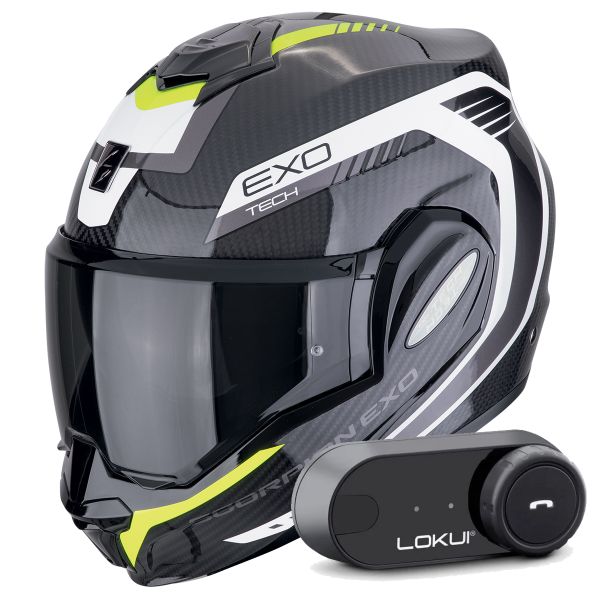 Modular Scorpion Exo Tech Evo Carbon Cosy Black Yellow Fluo + Kit Bluetooth Lokui K30