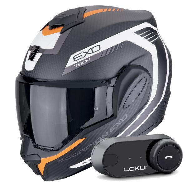 Modular Scorpion Exo Tech Evo Carbon Cosy Matt Black Orange + Kit Bluetooth Lokui K30
