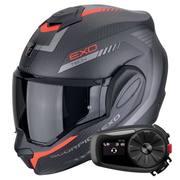 Modular Scorpion Exo Tech Evo Carbon Cosy Matt Black Red + Kit Bluetooth 5S Solo