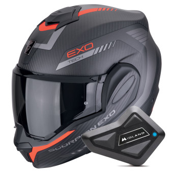 Modular Scorpion Exo Tech Evo Carbon Cosy Matt Black Red + Kit Bluetooth BT Mini