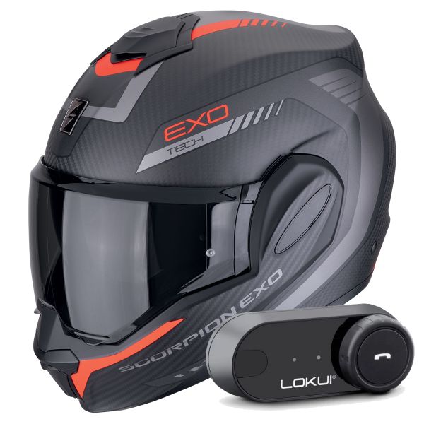 Modular Scorpion Exo Tech Evo Carbon Cosy Matt Black Red + Kit Bluetooth Lokui K30