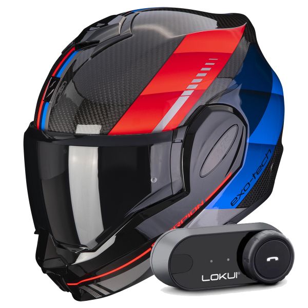 Modular Scorpion Exo Tech Evo Carbon Genus Black Blue Red + Kit Bluetooth Lokui K30