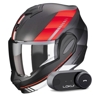 Modular Scorpion Exo Tech Evo Carbon Genus Matt Black Red + Kit Bluetooth Lokui K30
