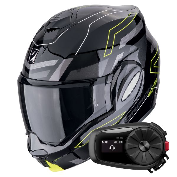 Modular Scorpion Exo Tech Evo Conquer Black Yellow Fluo + Kit Bluetooth 5S Solo Modular Scorpion Exo Tech Evo Conquer Black Yellow Fluo + Kit Bluetooth 5S Solo