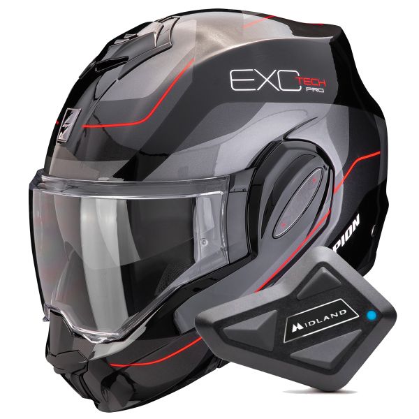 Modular Scorpion Exo Tech Evo Pro Commuta Black Silver Red + Kit Bluetooth BT Mini