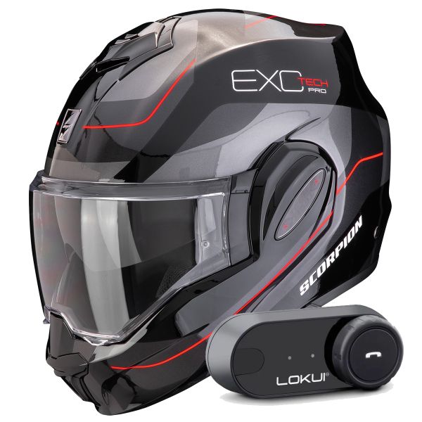 Modular Scorpion Exo Tech Evo Pro Commuta Black Silver Red + Kit Bluetooth Lokui K30