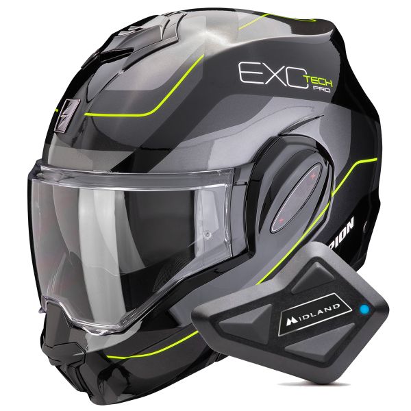 Modular Scorpion Exo Tech Evo Pro Commuta Black Silver Yellow + Kit Bluetooth BT Mini