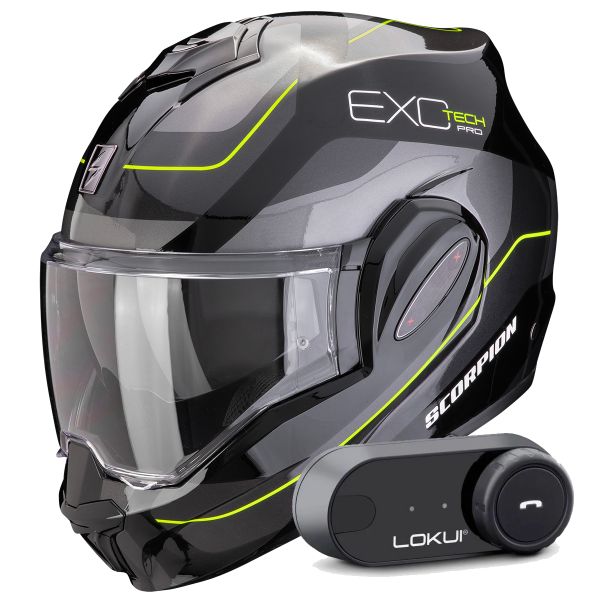 Modular Scorpion Exo Tech Evo Pro Commuta Black Silver Yellow + Kit Bluetooth Lokui K30
