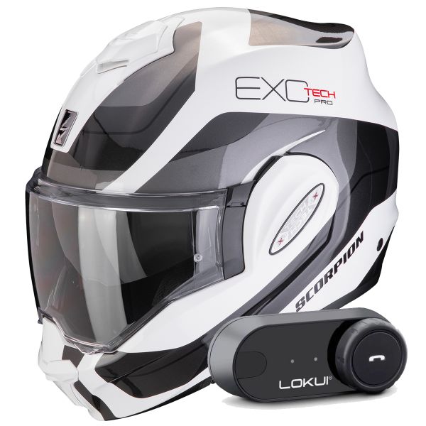Modular Scorpion Exo Tech Evo Pro Commuta White Silver + Kit Bluetooth Lokui K30