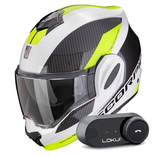 Modular Scorpion Exo Tech Evo Team White Yellow Fluo + Kit Bluetooth Lokui K30