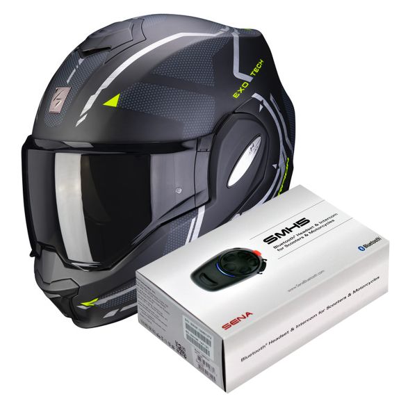 Modular Scorpion Exo Tech Square Matt Black Neon Yellow + Kit Bluetooth Sena SMH5