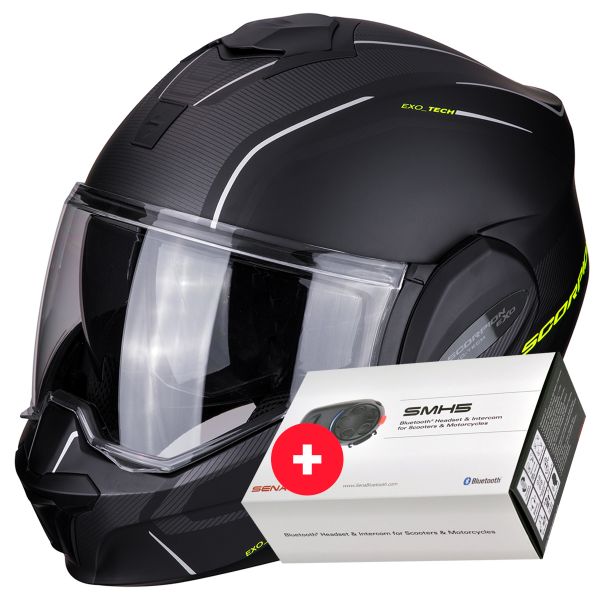 Modular Scorpion Exo Tech Time-Off Negro Mate Amarillo Neon + Kit Bluetooth Sena SMH5
